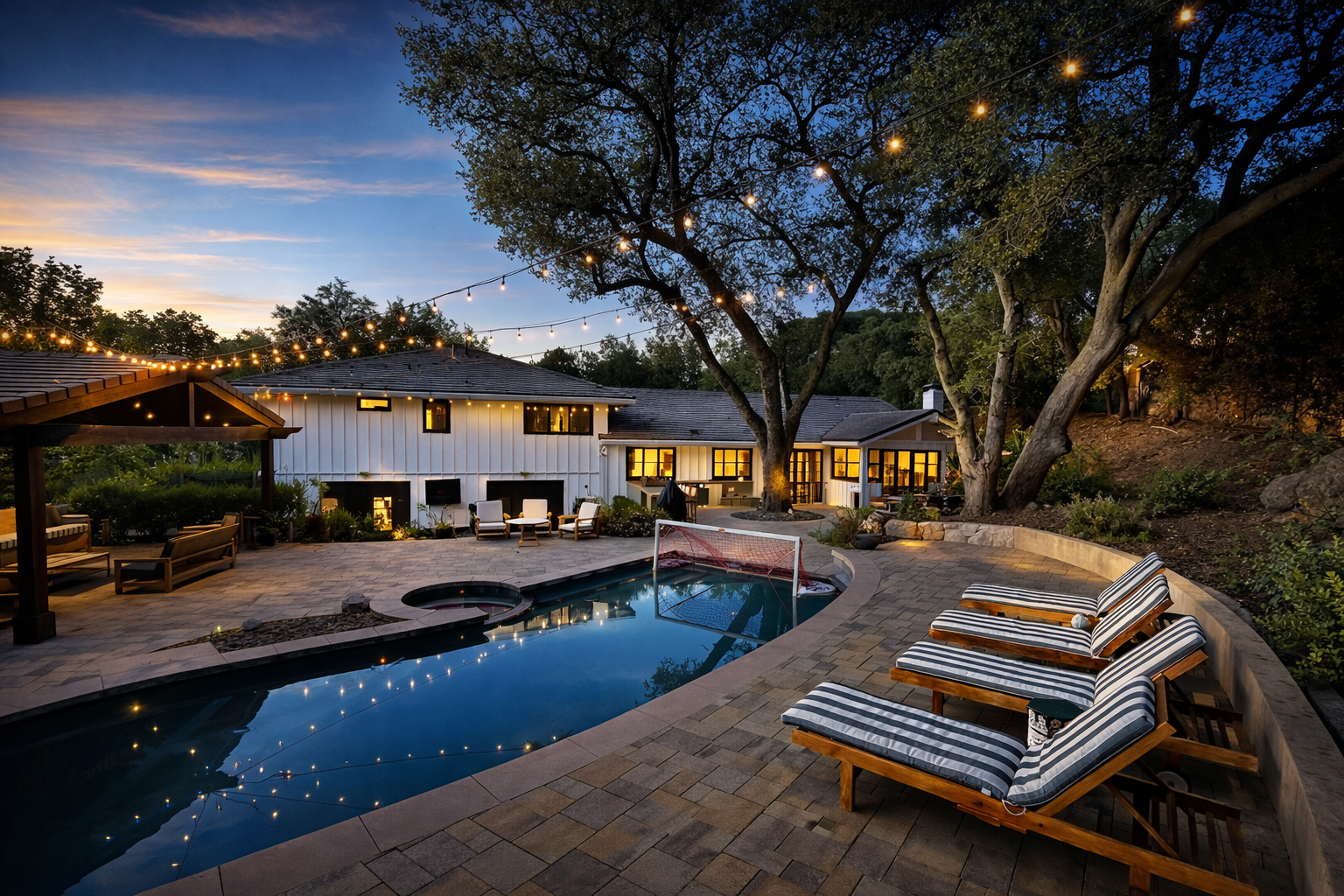 Twilight backyard retreat with pool